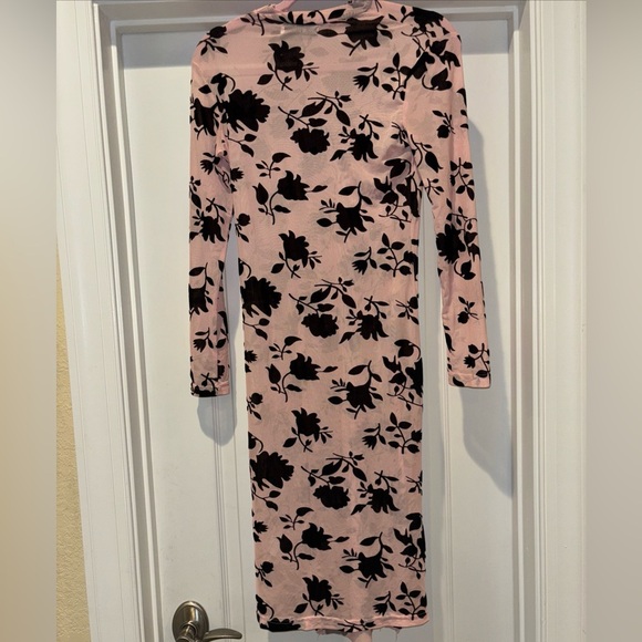 CBR SHEER DRESS MED. PINK W  BLACK FLORAL MIDI THIGH HIGH SLITS  HIGHCOLLAR NECK - Picture 8 of 14